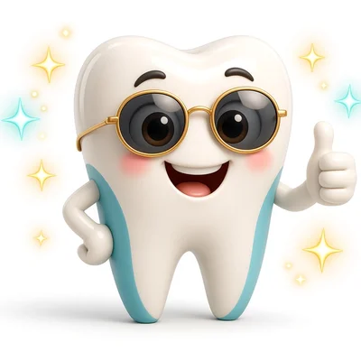Smiling tooth character in sunglasses giving a thumbs up