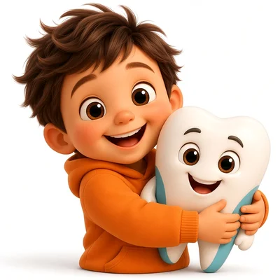 3D illustration of a smiling child hugging a toy tooth
